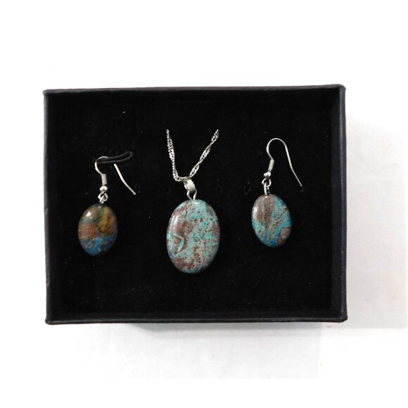 Turquoise Brown Stone Necklace Fishhook Pierced Earrings 20" Silver Tone Chain - Picture 2 of 12